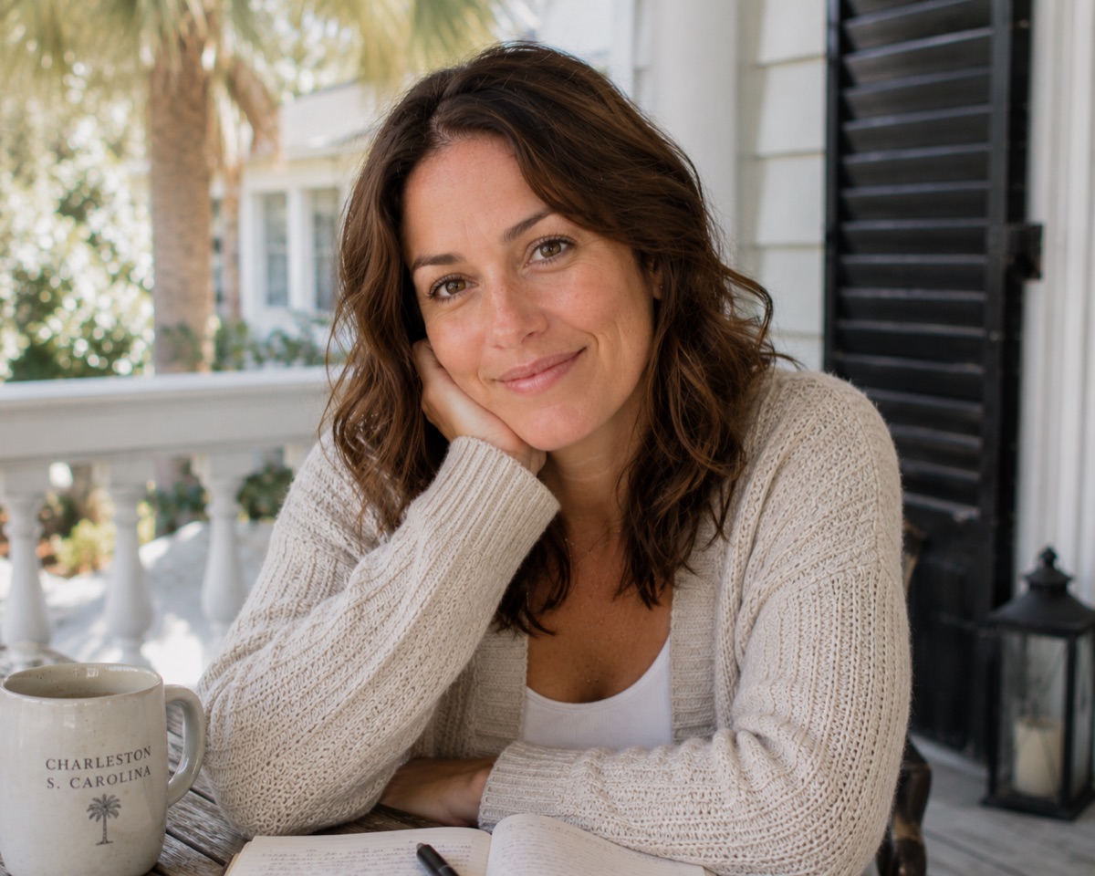 Claire on her Charleston porch — soft smile, leaning on her hand, a Charleston SC mug and an open notebook on the table beside her