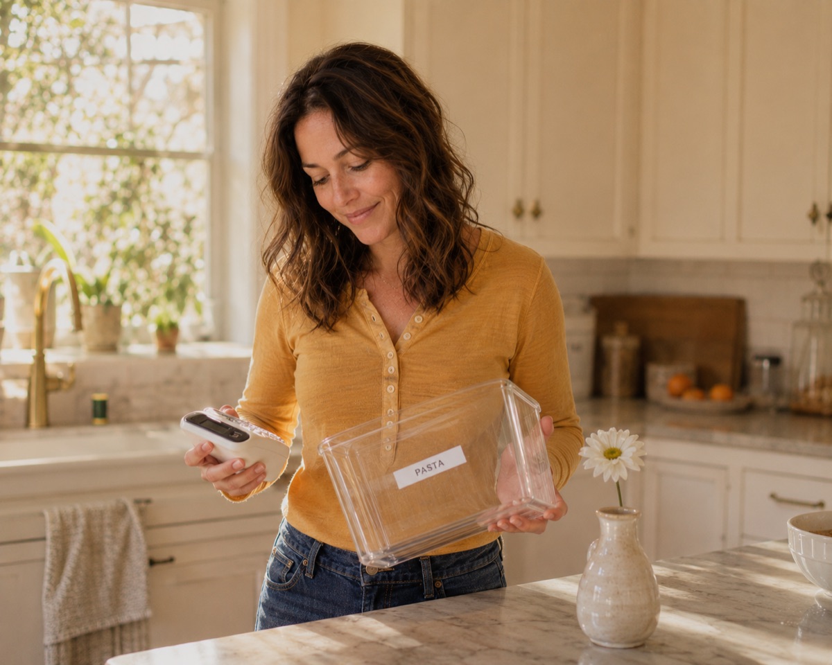 Claire in her own kitchen in a marigold-yellow henley, holding a clear bin labeled PASTA in one hand and a label maker in the other, soft morning light