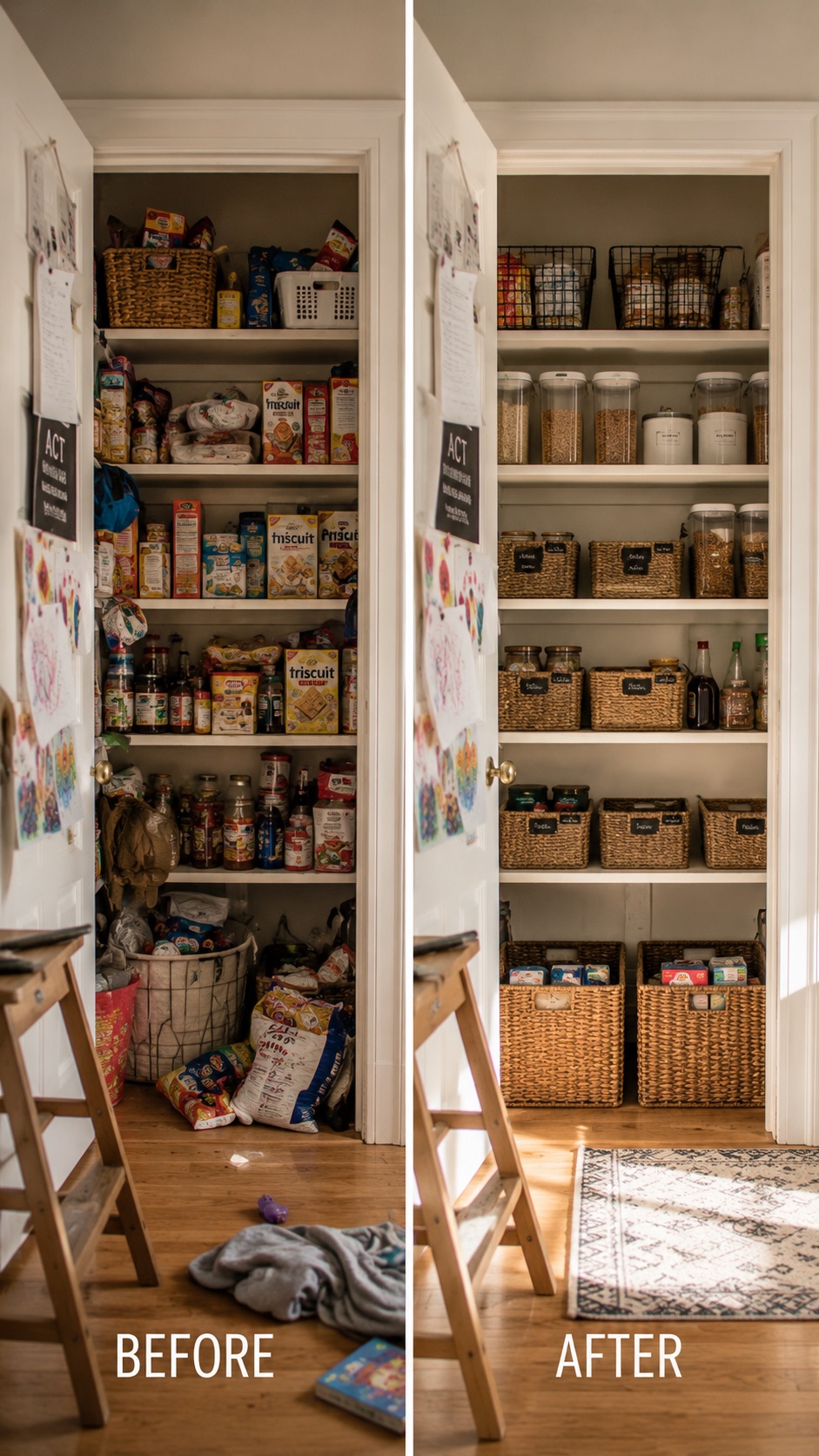 Side-by-side before and after of a pantry transformation — chaotic shelves becoming organized clear bins and labeled baskets