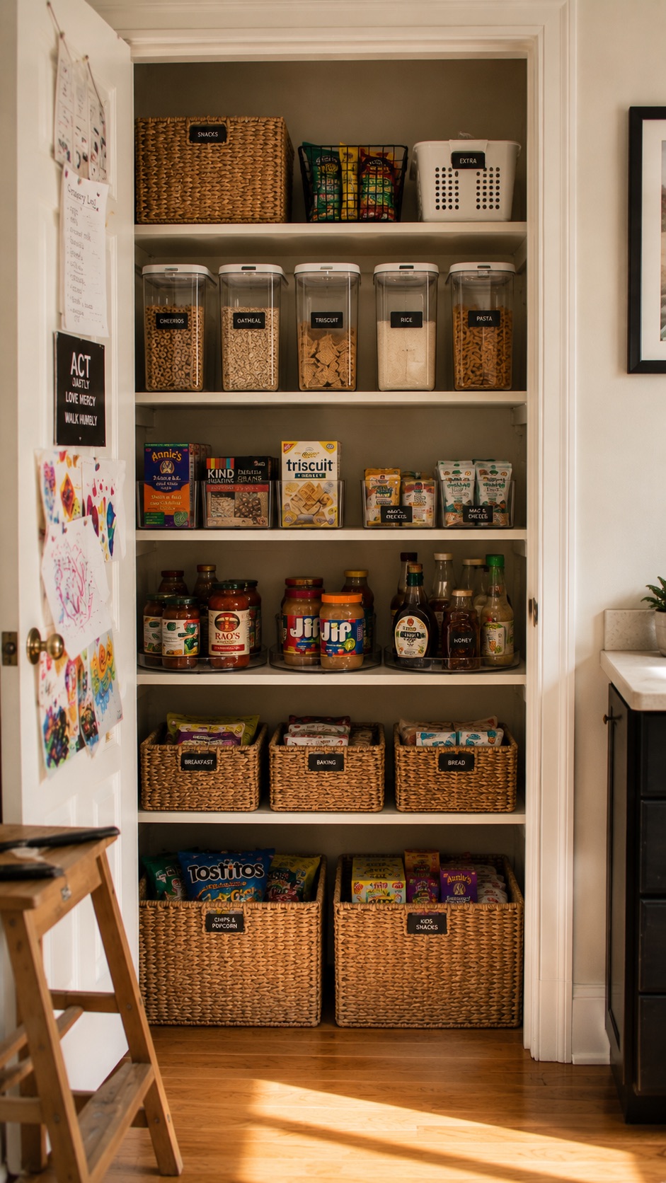 An organized pantry after — labeled clear bins, woven baskets, and tidy rows of staples