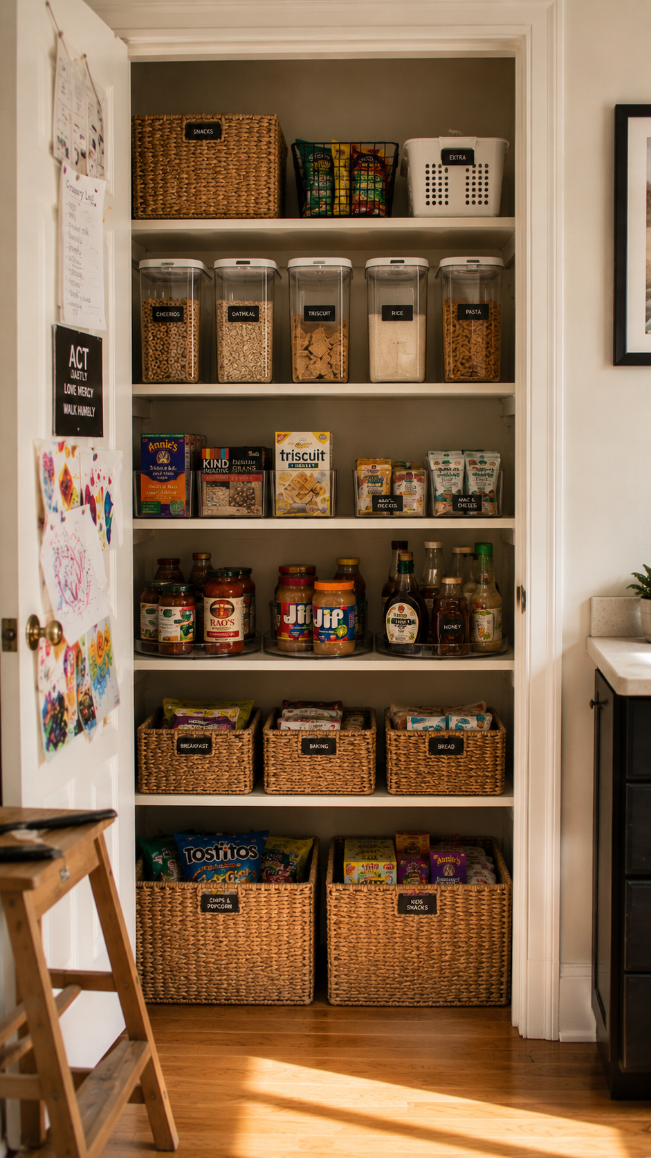 An organized pantry after — labeled clear bins, woven baskets, and tidy rows of staples
