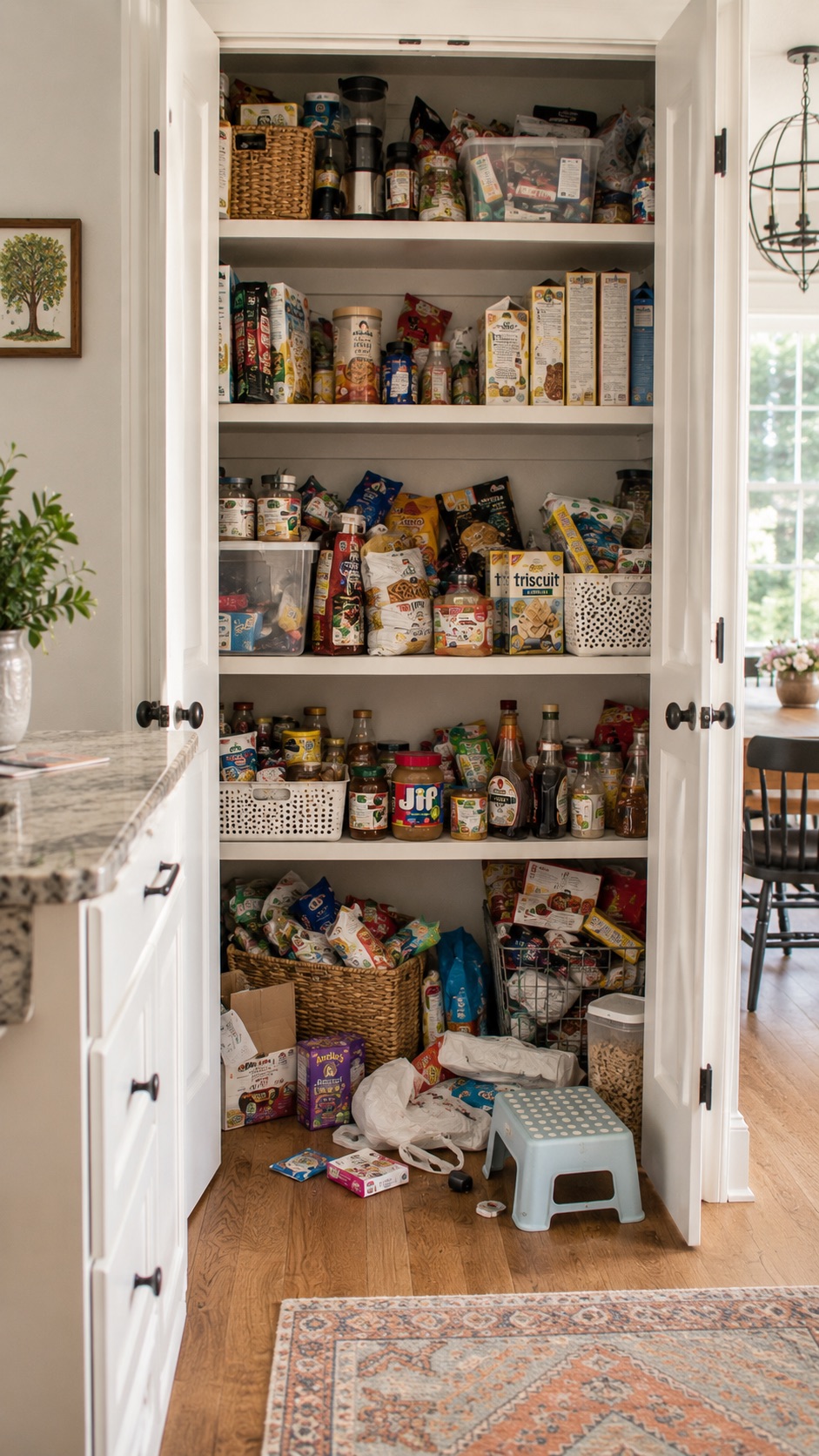A chaotic pantry before organizing — stuffed bags, mixed boxes, and overstuffed shelves