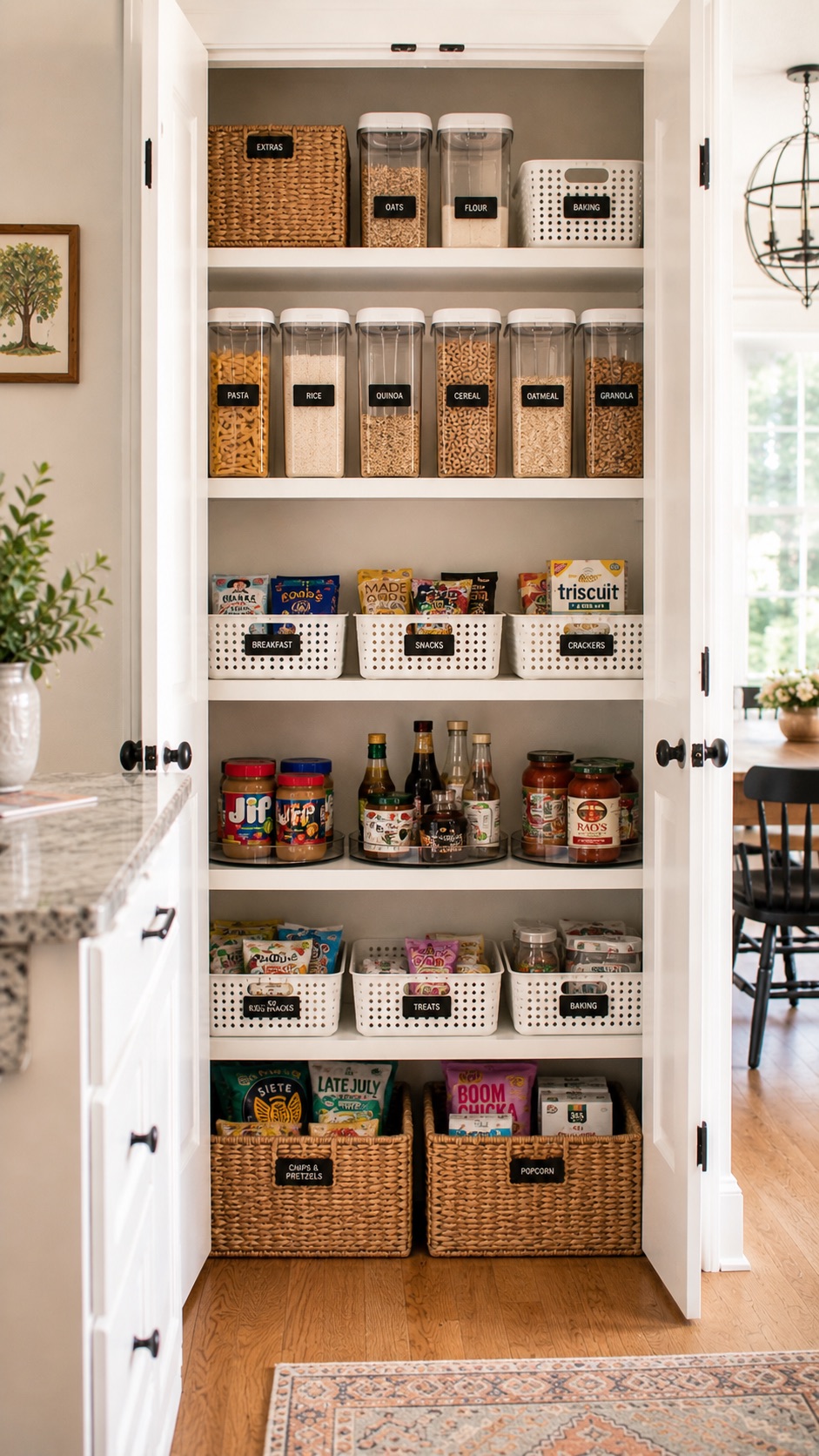 An organized pantry after — clear-jar staples, labeled wicker baskets, and uniform shelving