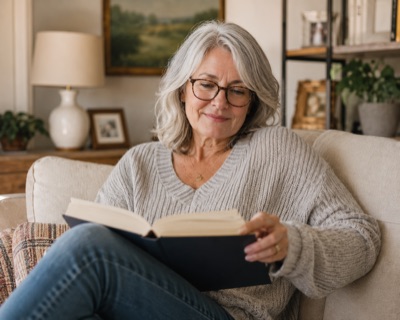 Linda W., a silver-haired woman in tortoiseshell glasses reading a hardcover book on her couch