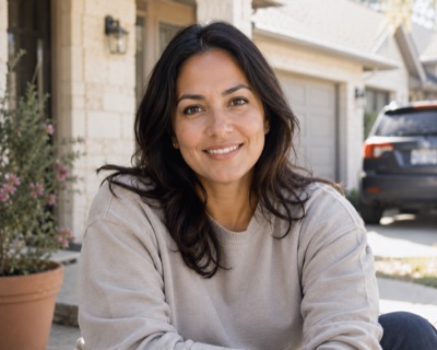 Marta L., a Latina woman in her thirties in a gray sweatshirt sitting on her front porch with a garage and SUV behind her