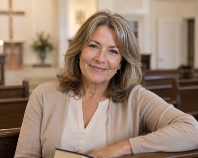 Karen B., a blonde-graying woman in a beige cardigan with a small cross necklace, sitting in a church pew