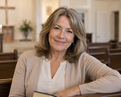 Karen B., a blonde-graying woman in a beige cardigan with a small cross necklace, sitting in a church pew