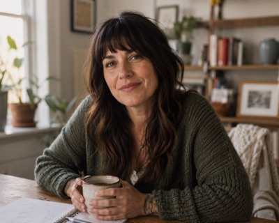 Sophie R., a brunette with bangs in an olive cardigan, holding a ceramic mug at a wooden table beside a bookshelf